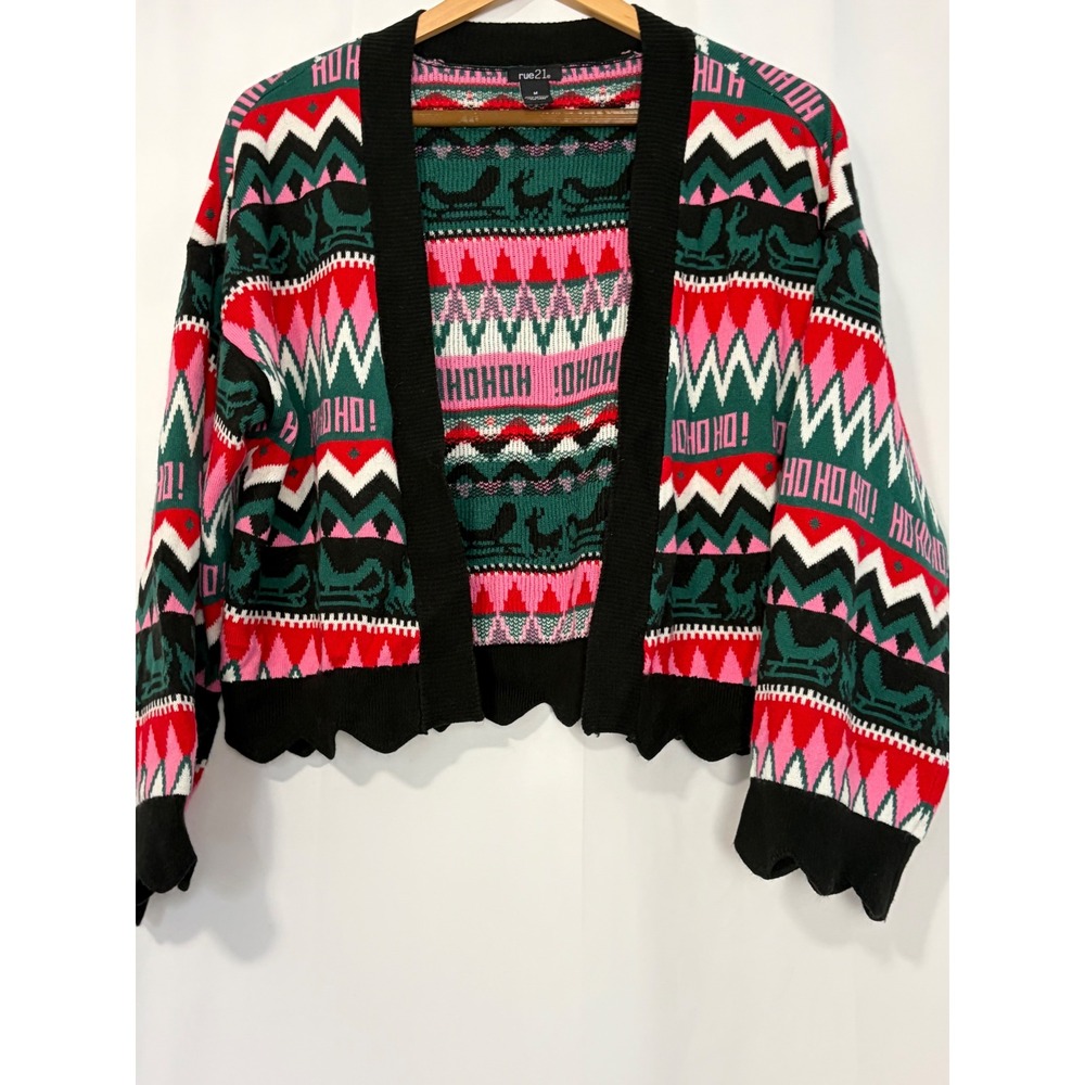 Womens Ho Ho Ho Reindeer Fair Isle Cropped Christmas Cardigan Sweater M